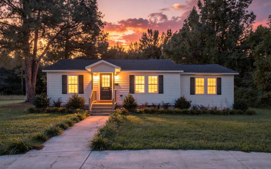 9626 NC Highway 50, Maple Hill: white ranch home with dark shutters and glowing windows at sunset